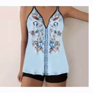 Elegant Floral V-Neck One Piece Swimsuit - Light Blue